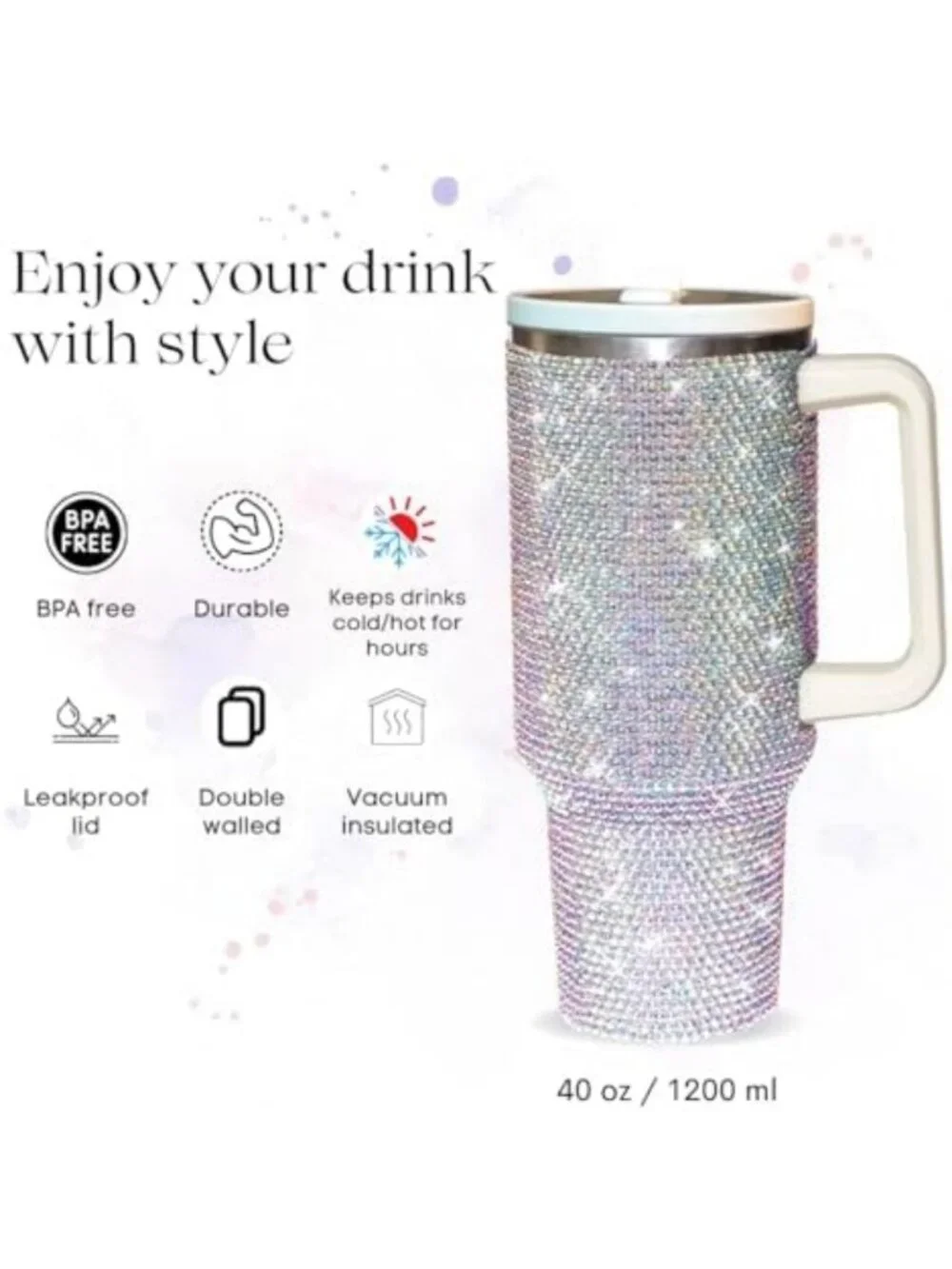 40 Oz Insulated Rhinestone Tumbler with Handle & Flip Straw | Leak Proof Bling
